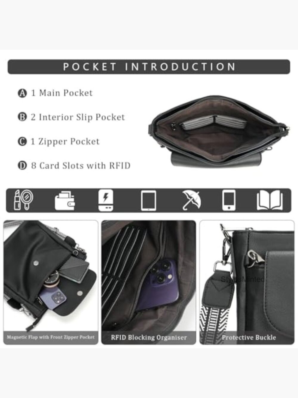 Anti Theft Crossbody Bag with RFID Blocking, Vegan Leather Travel Purse - Picture 4 of 7